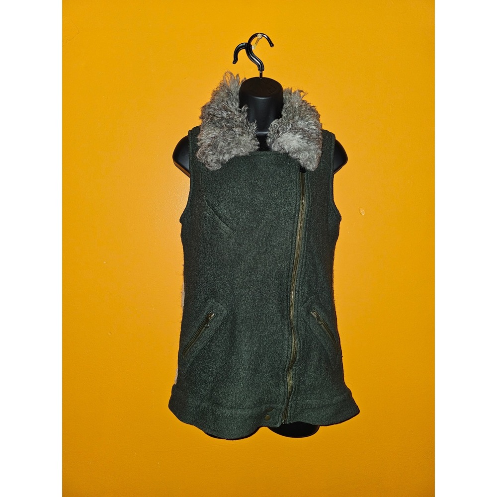 Anthropologie Elevenses Green Wool Blend Faux Fur Chrochet Vest Size S